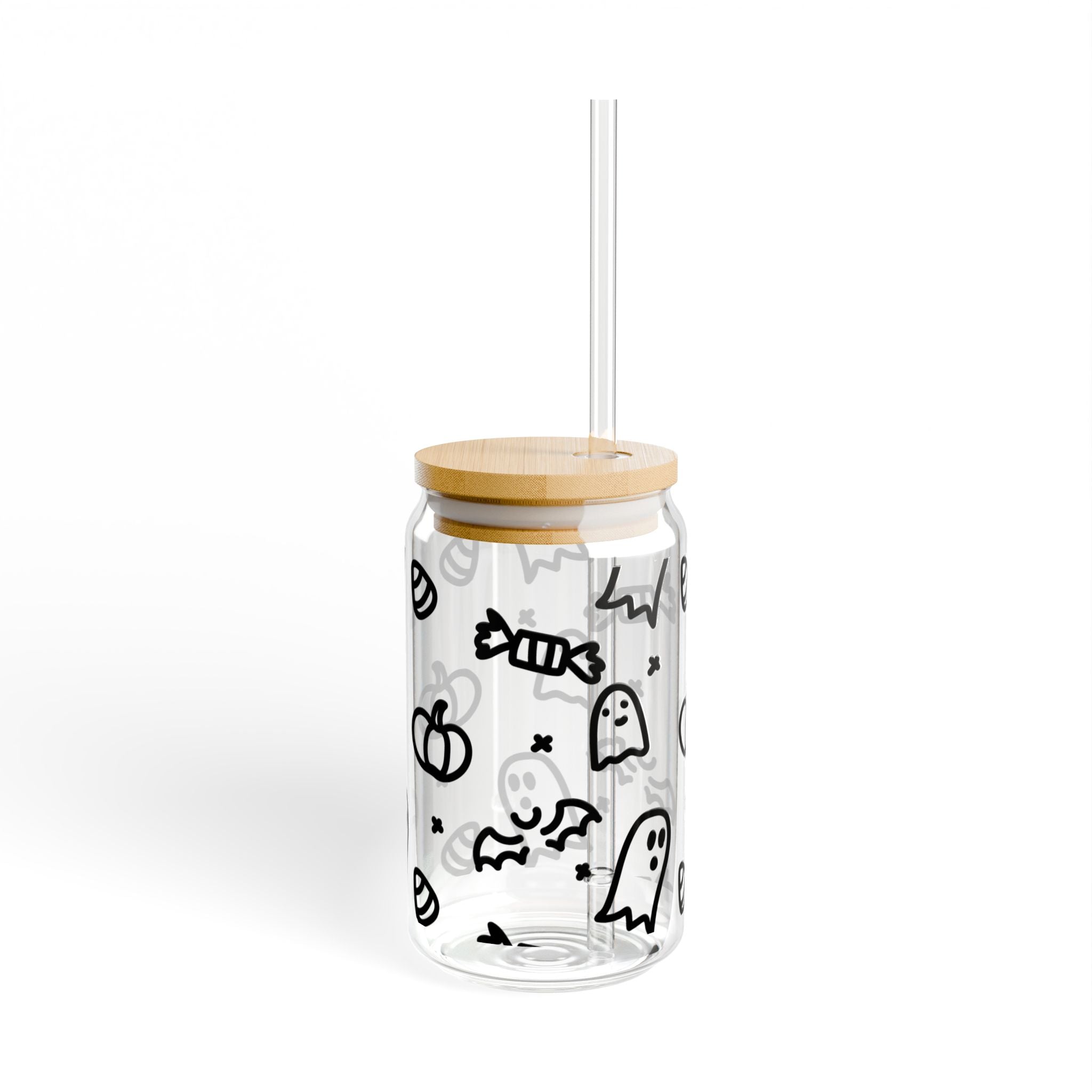 Halloween Doodle Glass Tumbler (16 oz) with Straw & Bamboo Lid
