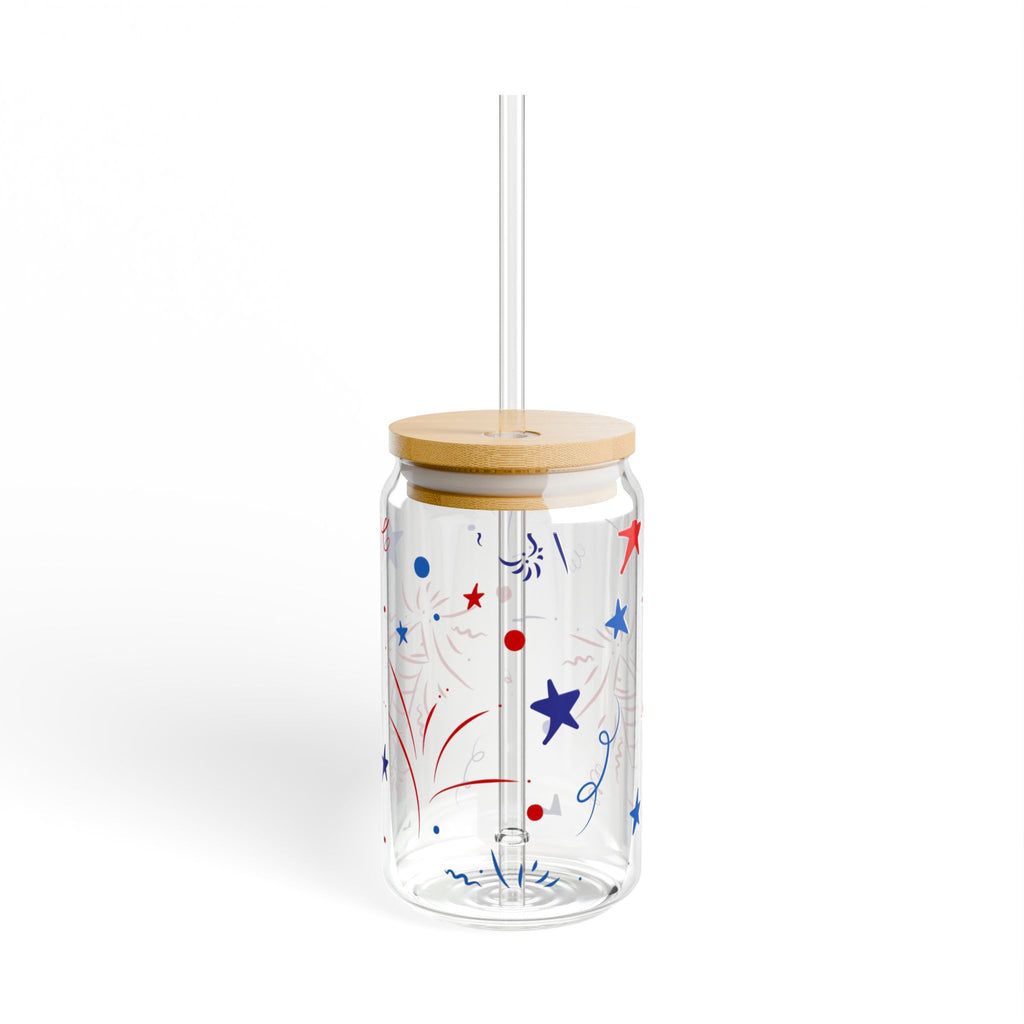 Patriotic Fireworks Glass Can with Straw & Bamboo Lid — 16oz Summer Drink Tumbler