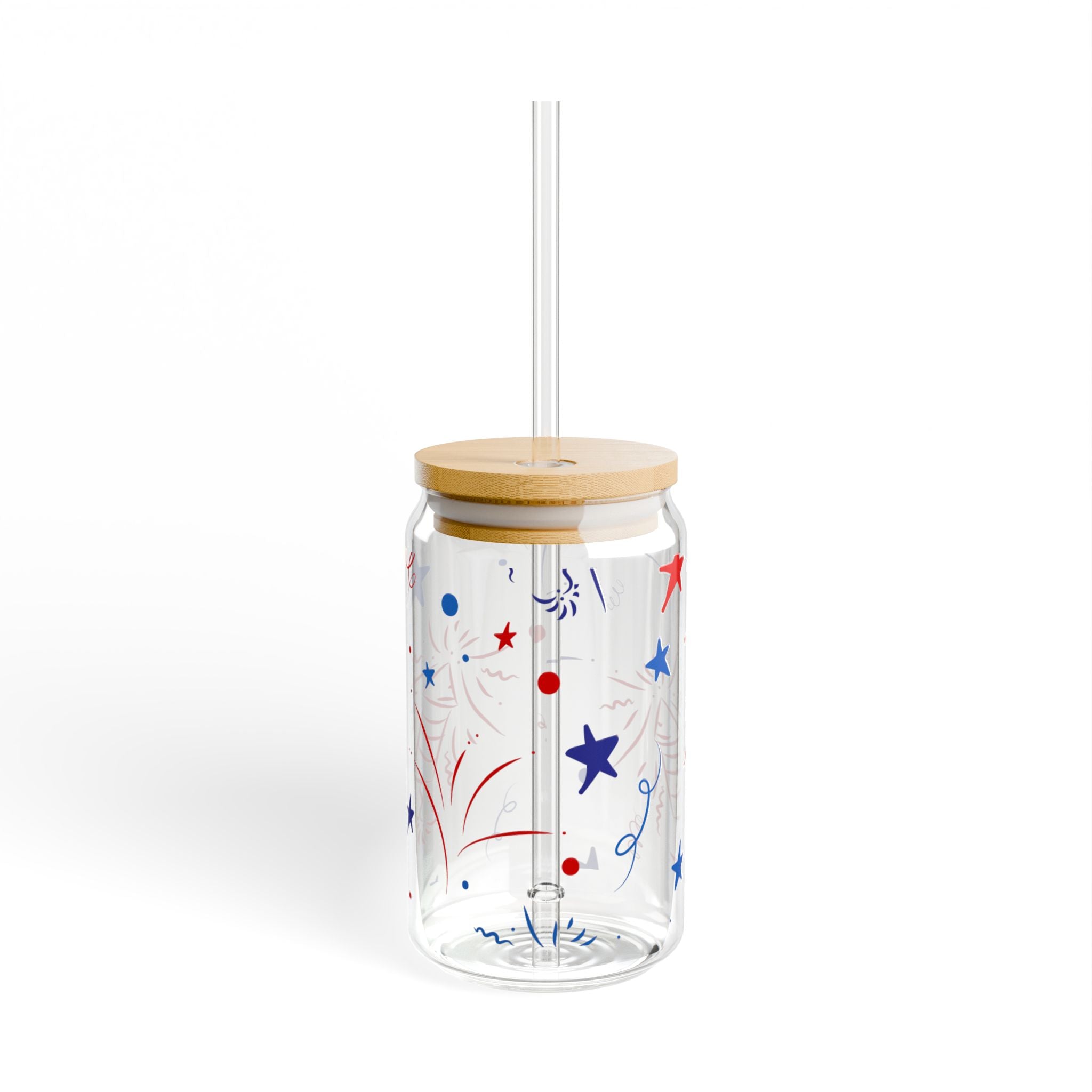 Patriotic Fireworks Glass Can with Straw & Bamboo Lid — 16oz Summer Drink Tumbler
