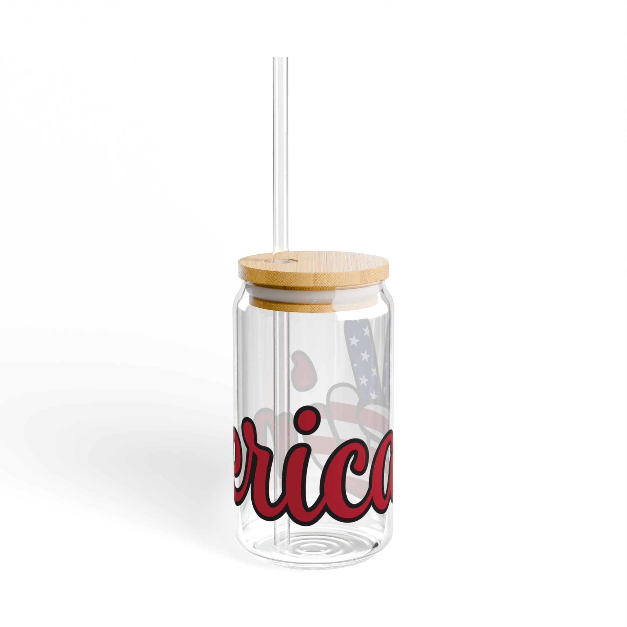 Patriotic Peace Sign Glass Can with Straw & Bamboo Lid — 16oz Drink Jar