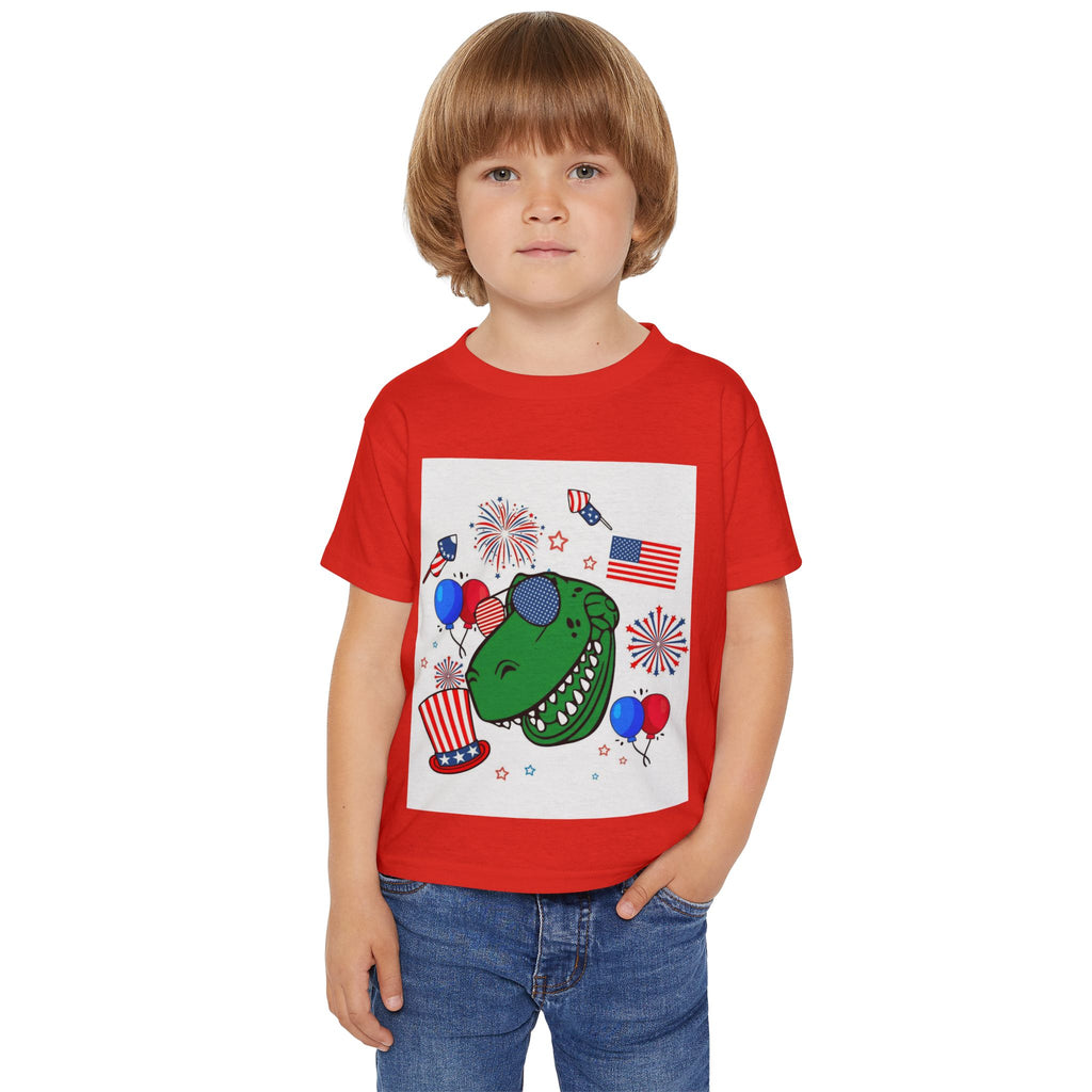 Toddler T-Shirt — Patriotic Dinosaur 4th of July Tee with Flags, Fireworks & Balloons