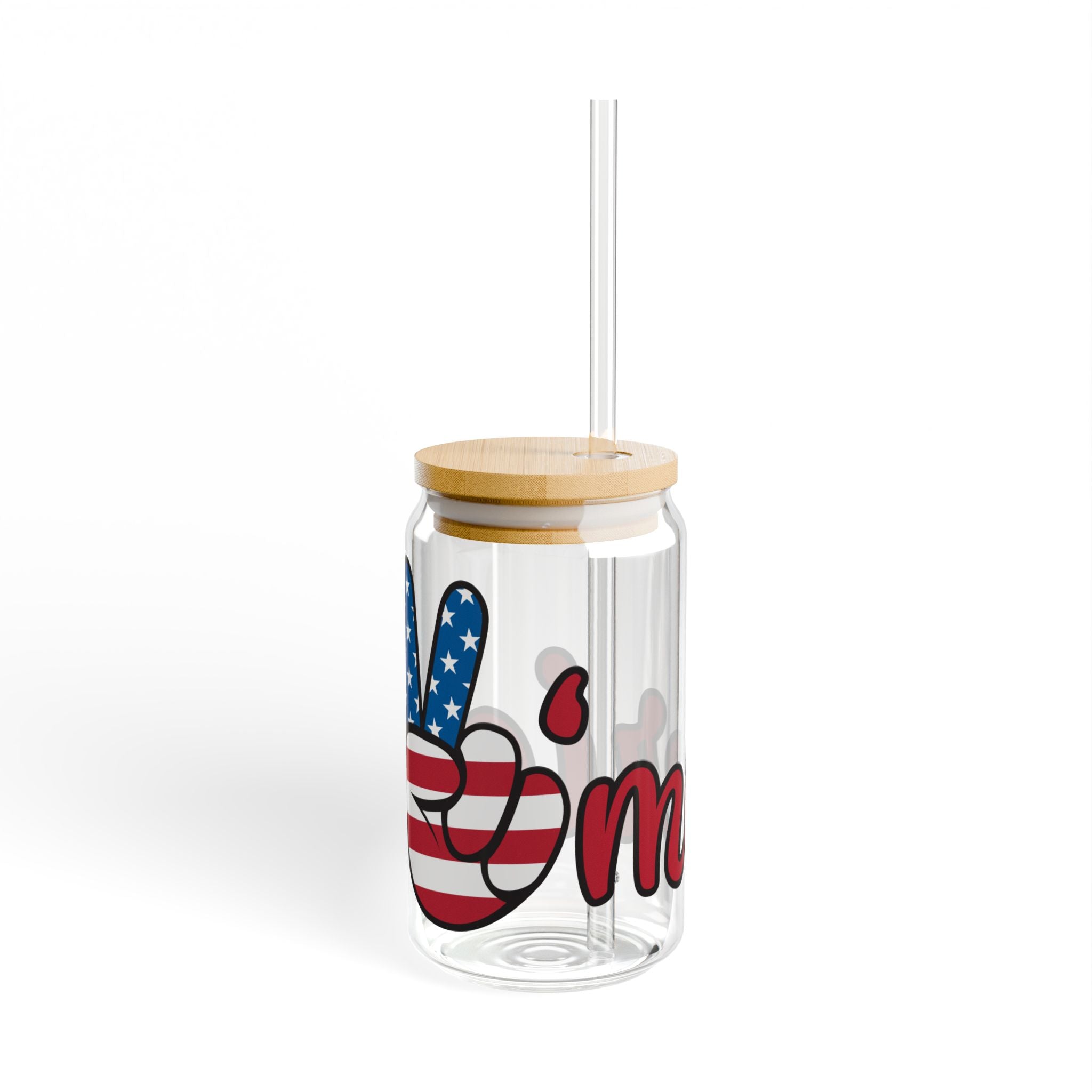 Patriotic Peace Sign Glass Can with Straw & Bamboo Lid — 16oz Drink Jar