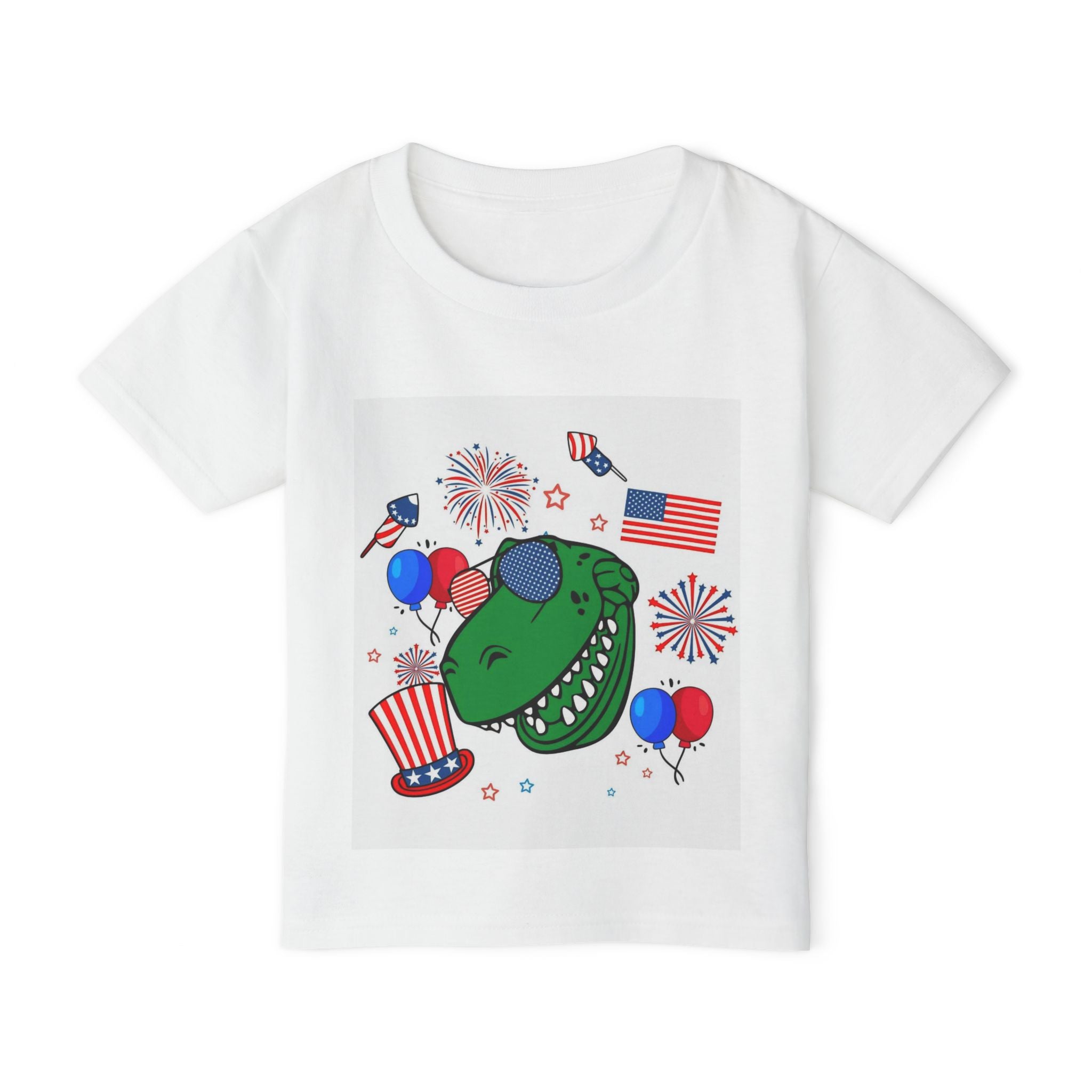 Toddler T-Shirt — Patriotic Dinosaur 4th of July Tee with Flags, Fireworks & Balloons