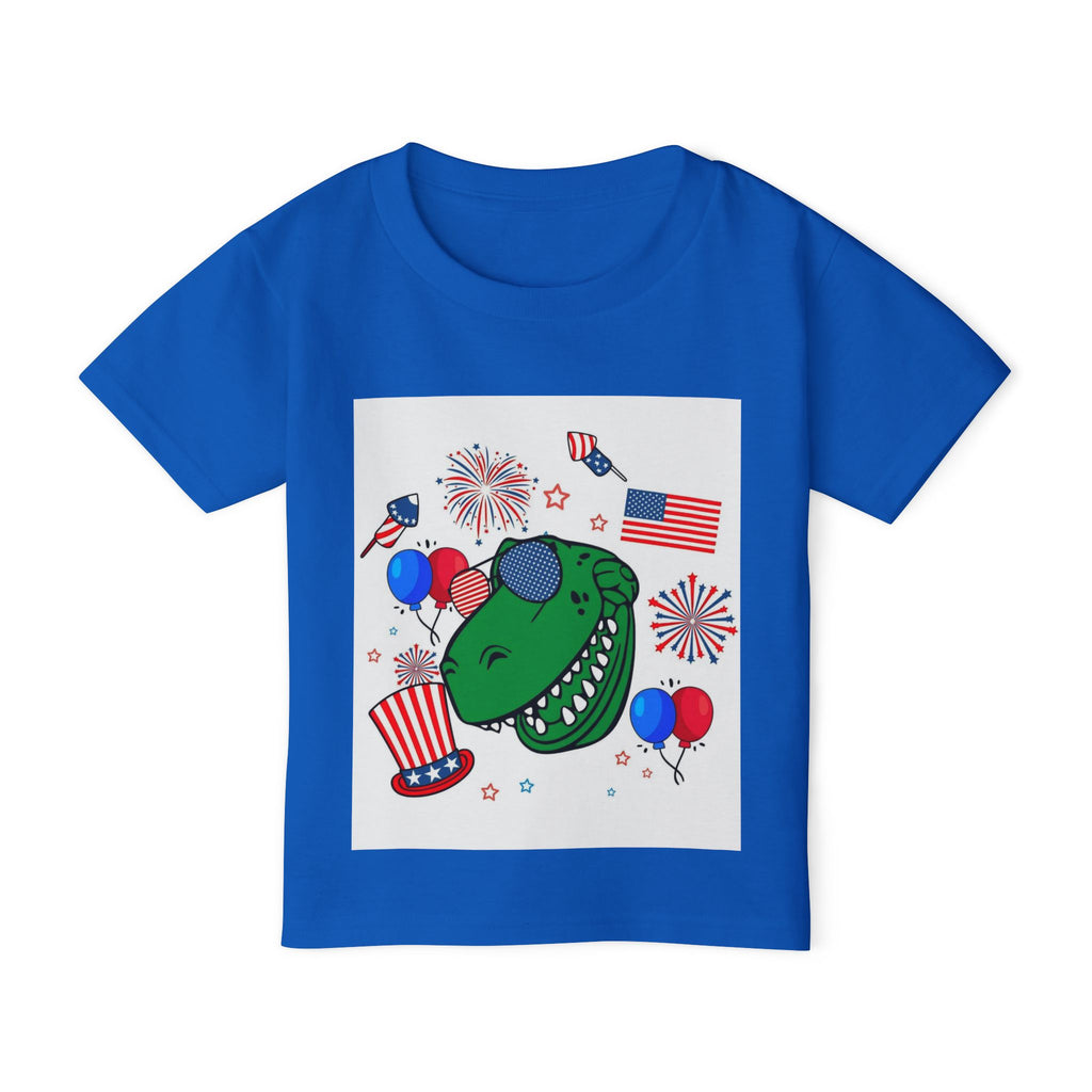 Toddler T-Shirt — Patriotic Dinosaur 4th of July Tee with Flags, Fireworks & Balloons
