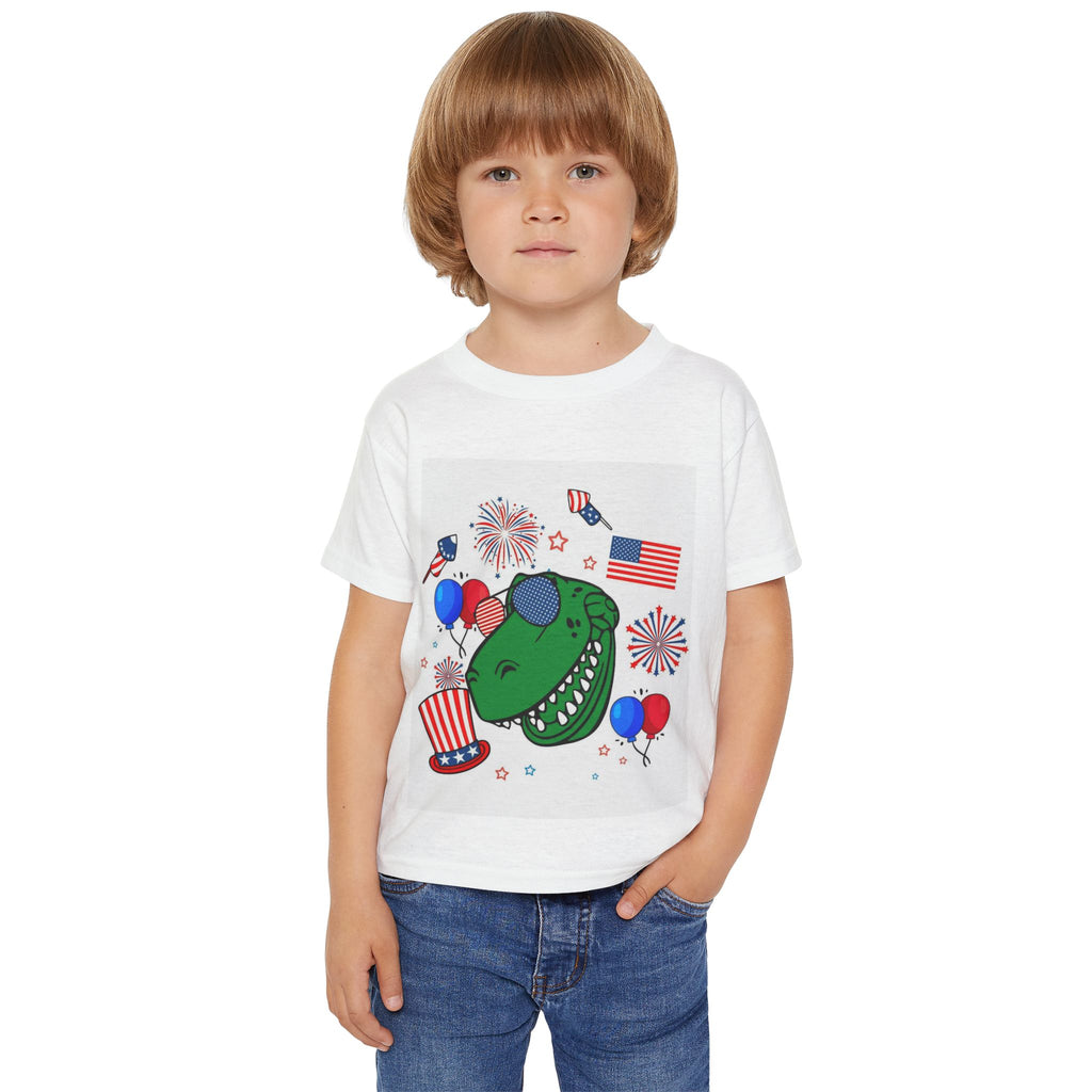 Toddler T-Shirt — Patriotic Dinosaur 4th of July Tee with Flags, Fireworks & Balloons