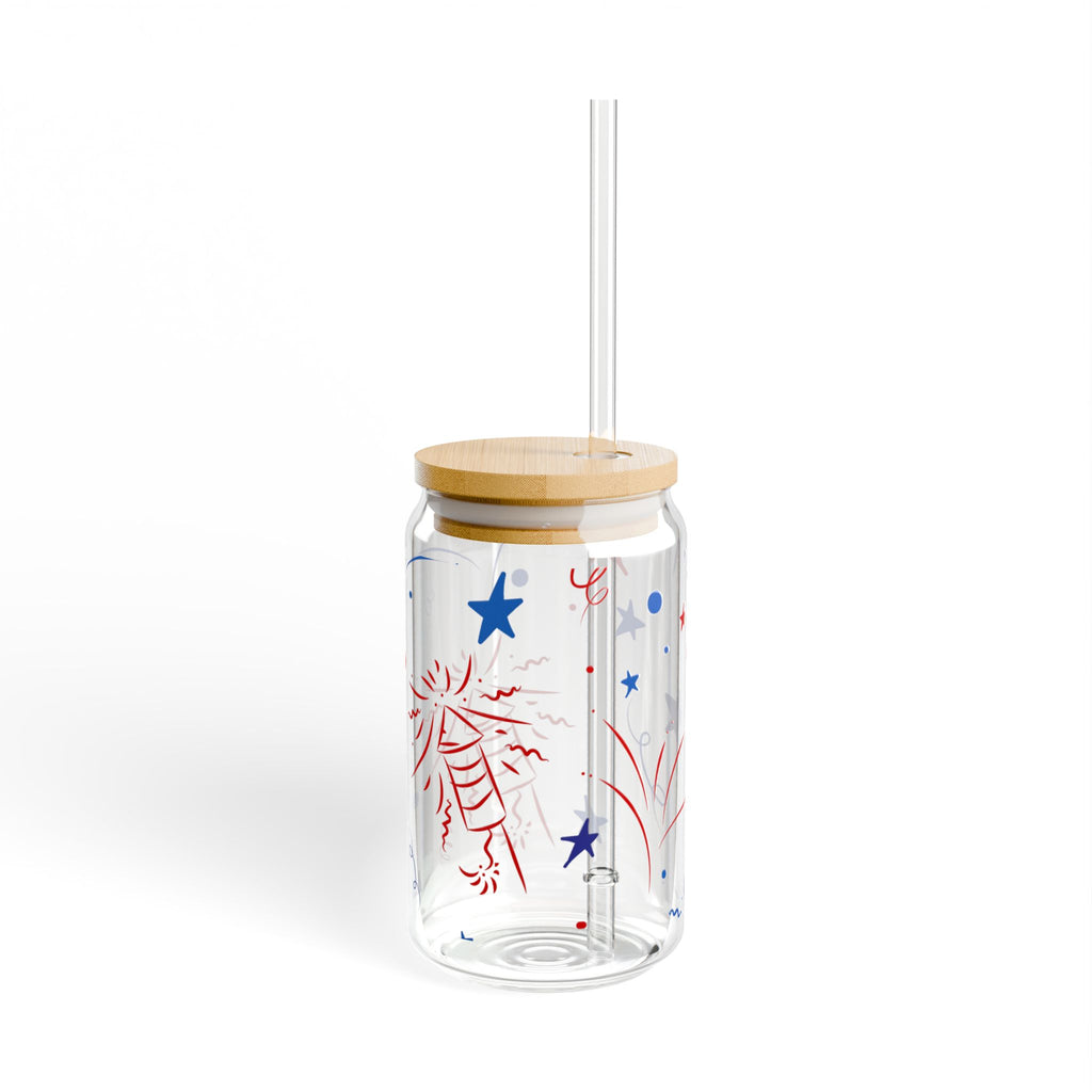Patriotic Fireworks Glass Can with Straw & Bamboo Lid — 16oz Summer Drink Tumbler