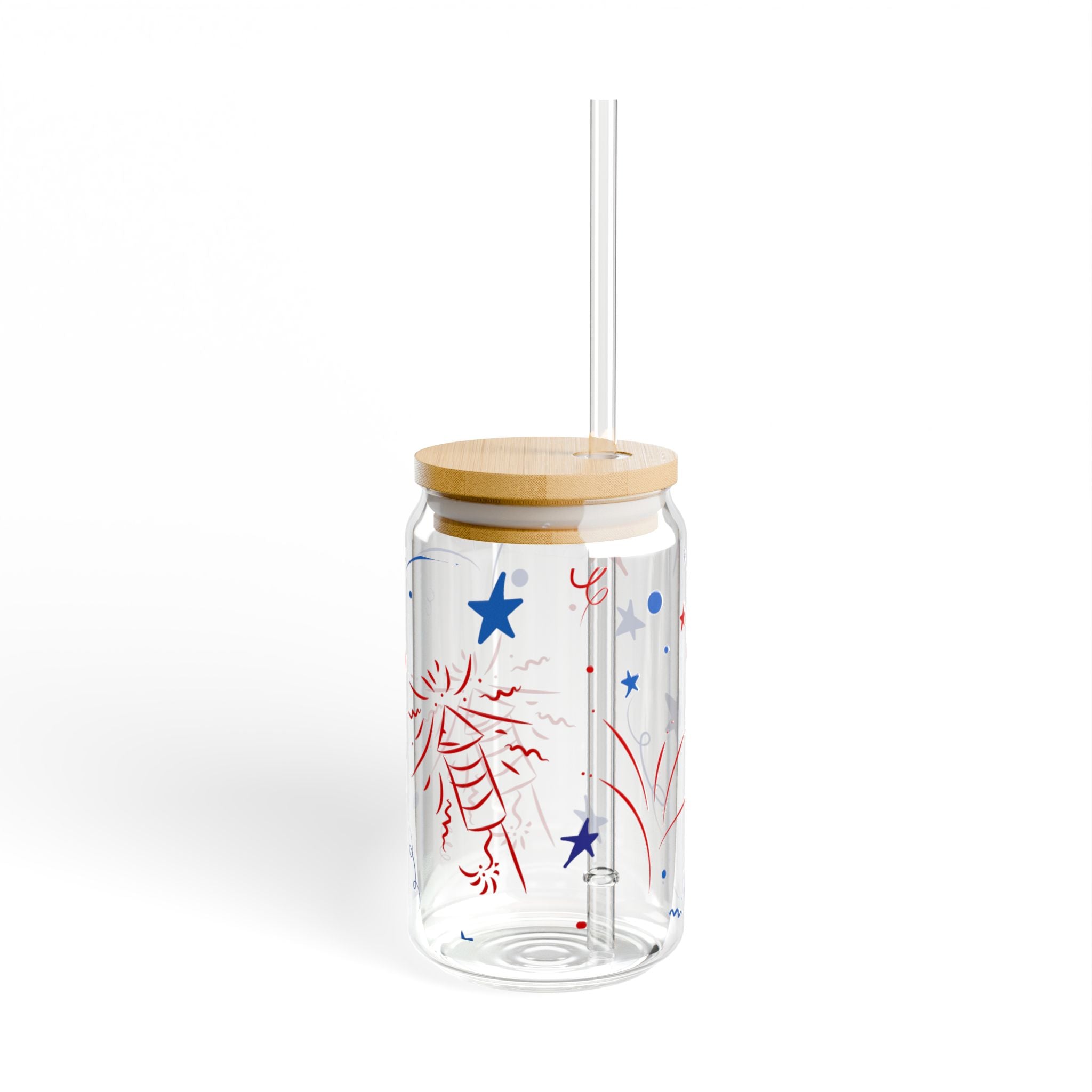 Patriotic Fireworks Glass Can with Straw & Bamboo Lid — 16oz Summer Drink Tumbler