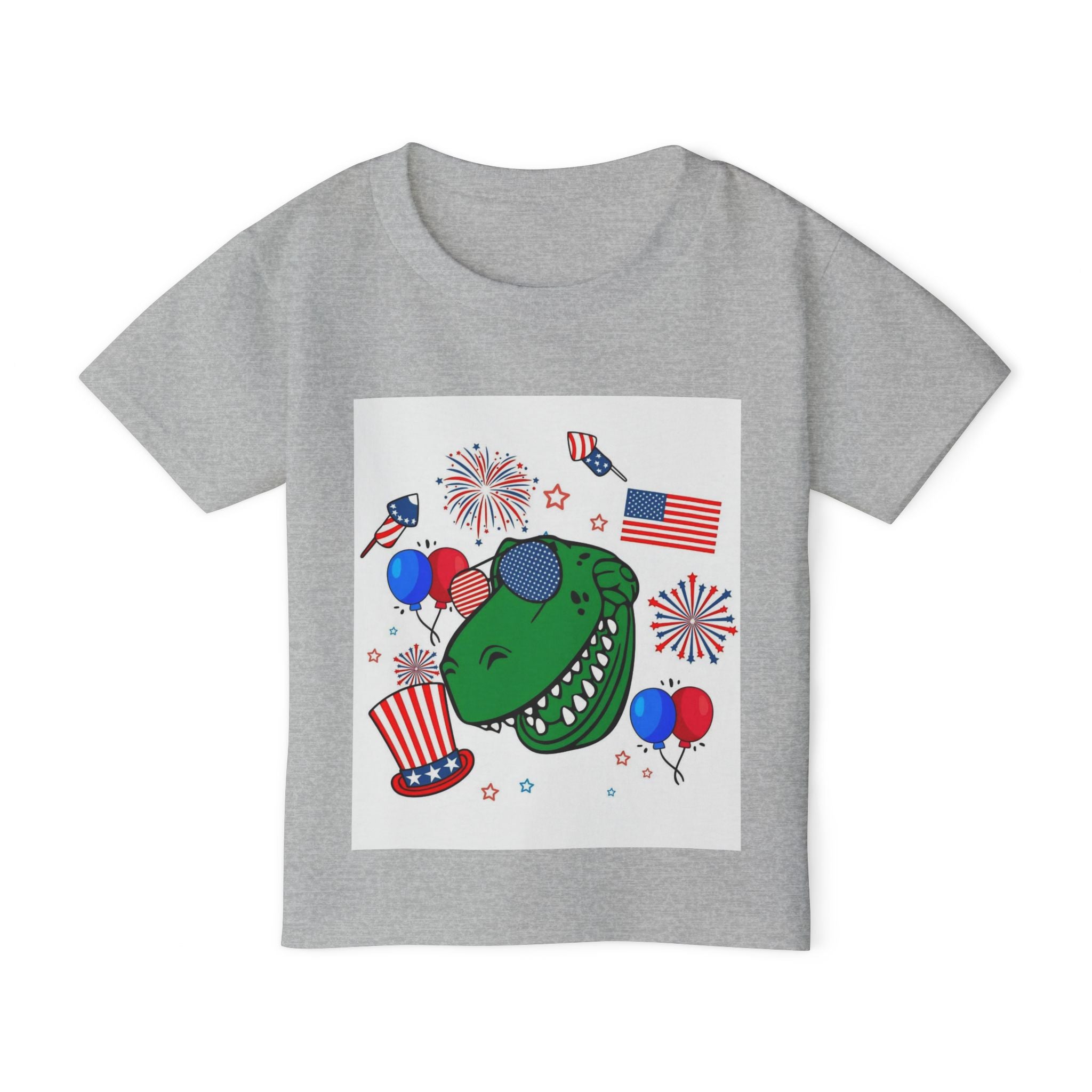 Toddler T-Shirt — Patriotic Dinosaur 4th of July Tee with Flags, Fireworks & Balloons