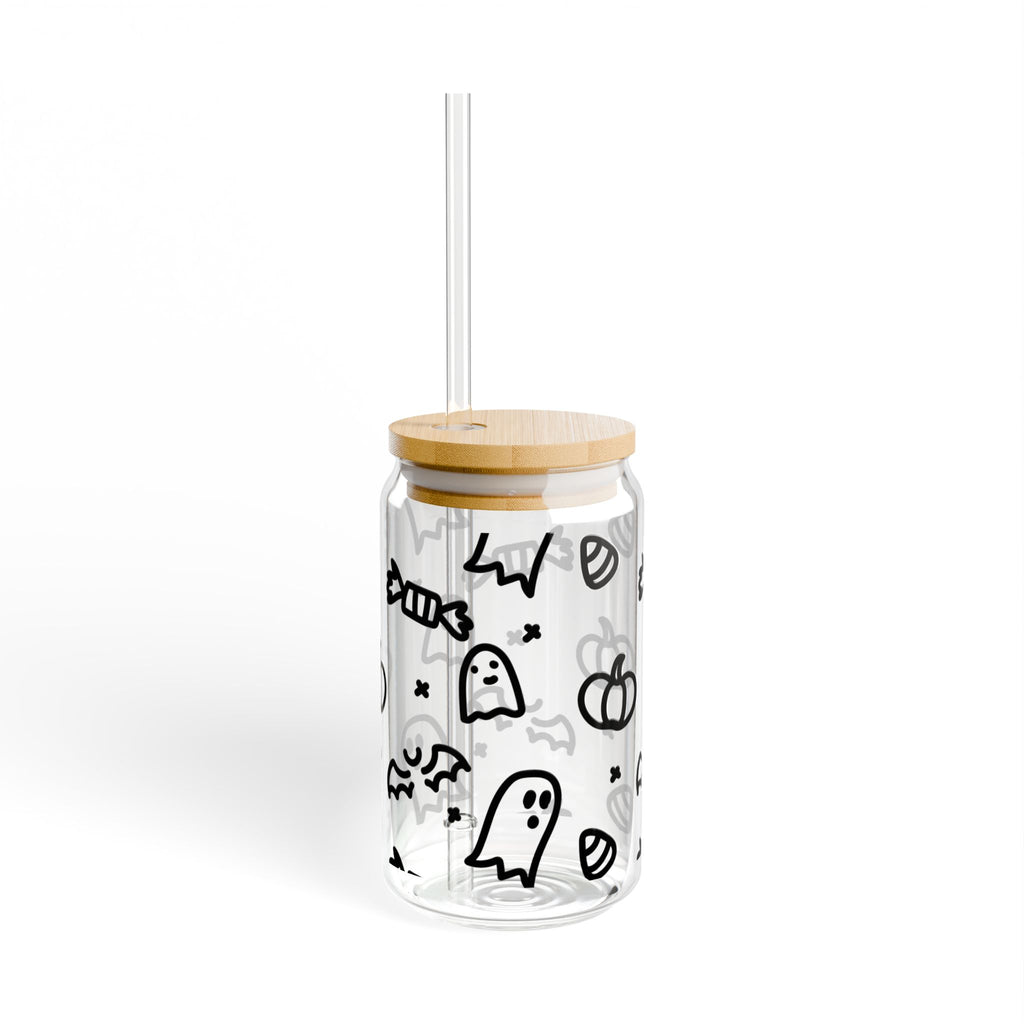Halloween Doodle Glass Tumbler (16 oz) with Straw & Bamboo Lid
