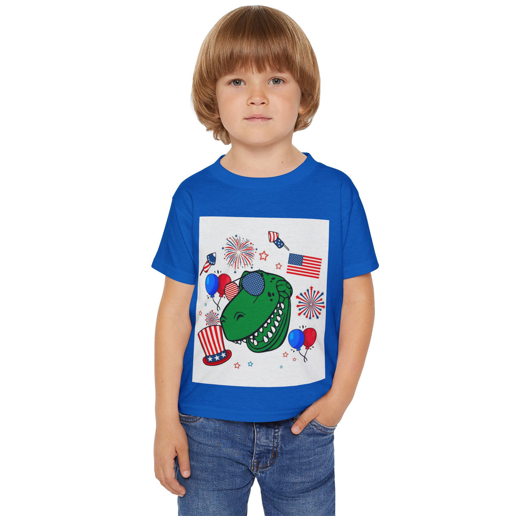 Toddler T-Shirt — Patriotic Dinosaur 4th of July Tee with Flags, Fireworks & Balloons