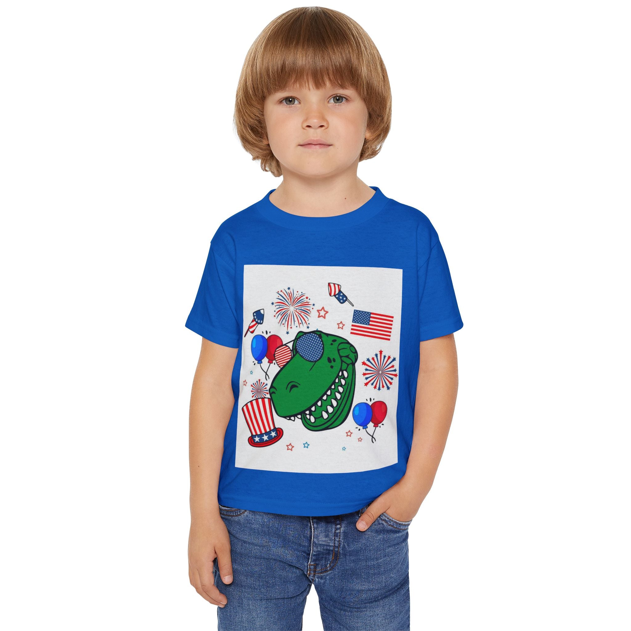 Toddler T-Shirt — Patriotic Dinosaur 4th of July Tee with Flags, Fireworks & Balloons