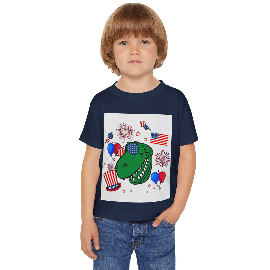 Toddler T-Shirt — Patriotic Dinosaur 4th of July Tee with Flags, Fireworks & Balloons