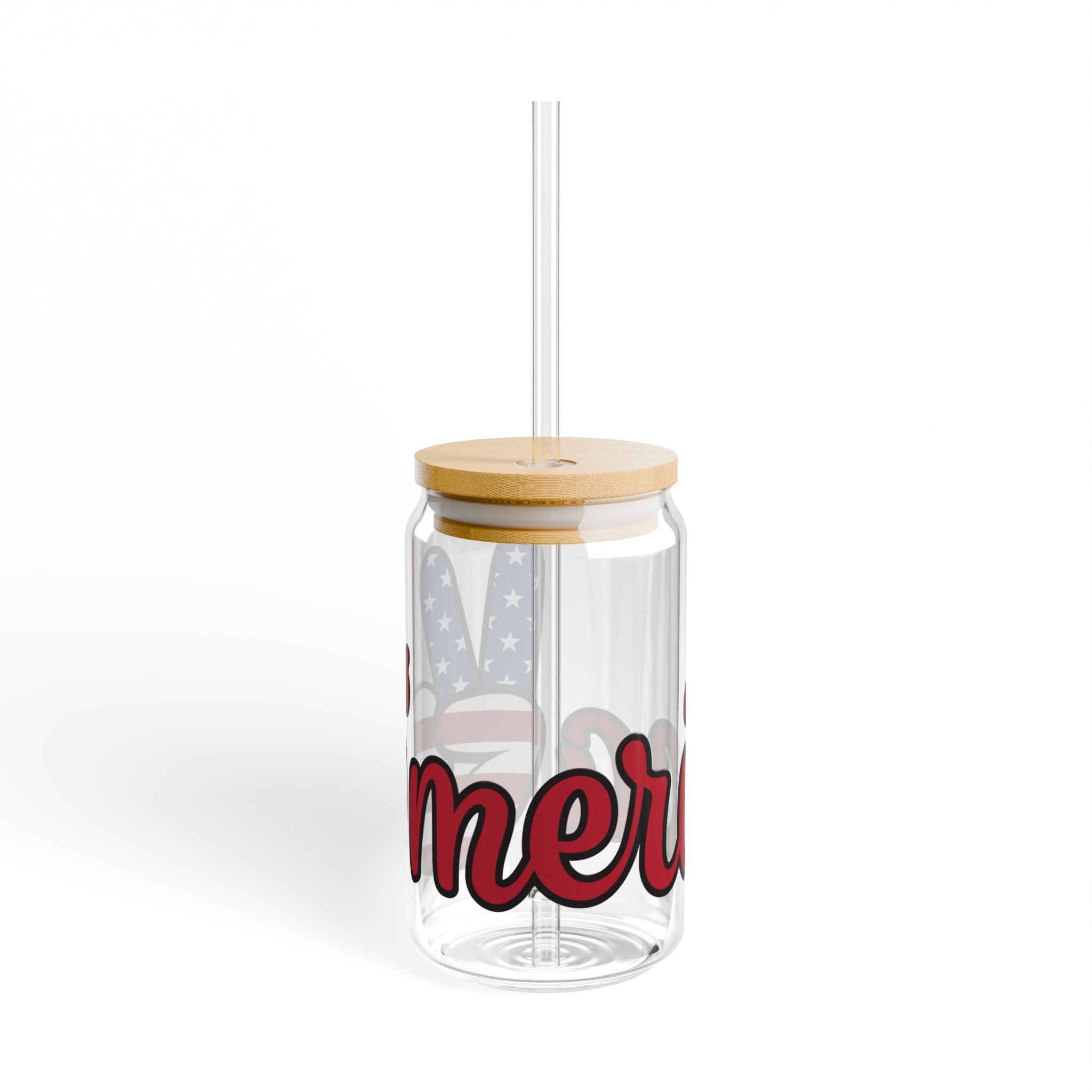 Patriotic Peace Sign Glass Can with Straw & Bamboo Lid — 16oz Drink Jar