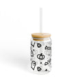 Halloween Doodle Glass Tumbler (16 oz) with Straw & Bamboo Lid