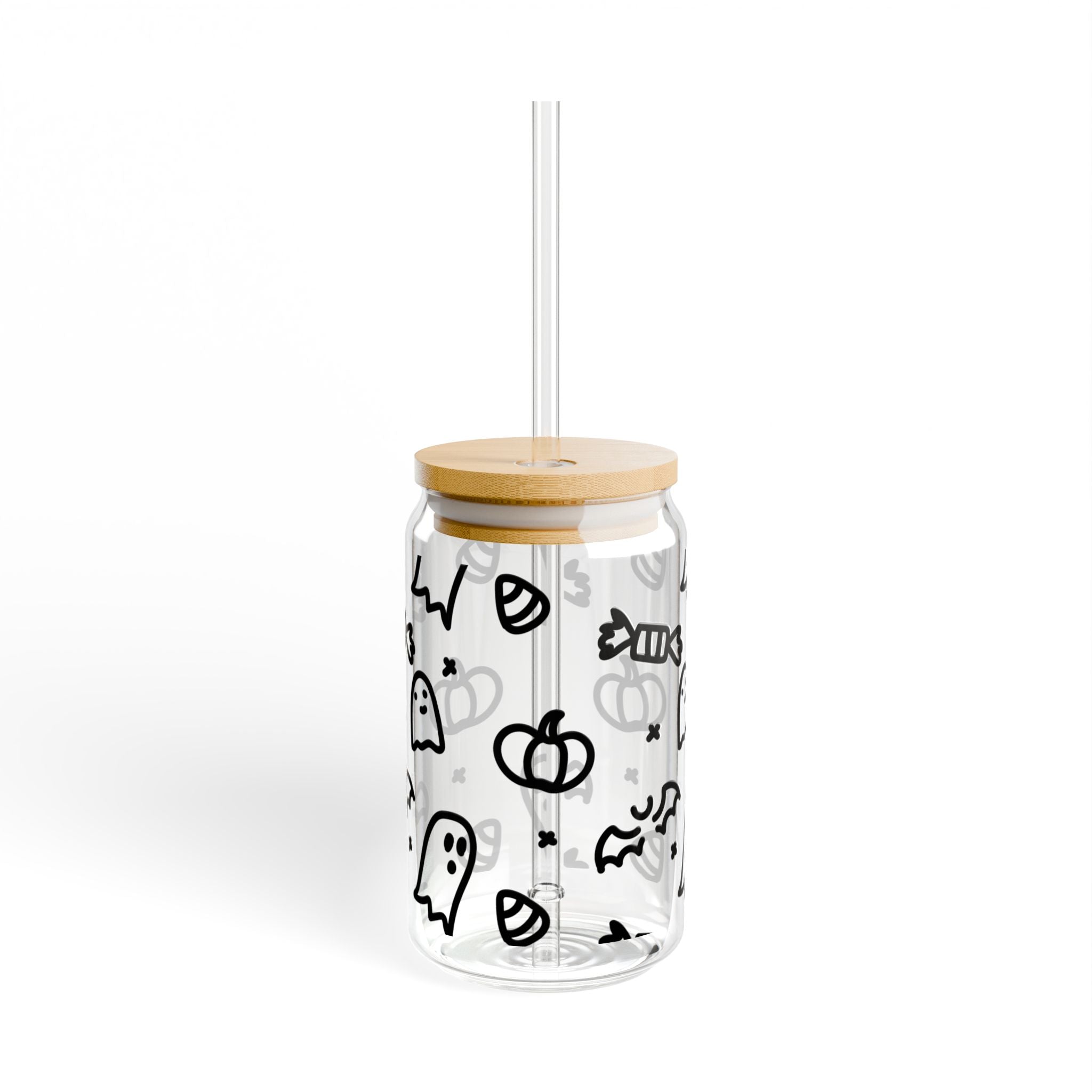Halloween Doodle Glass Tumbler (16 oz) with Straw & Bamboo Lid