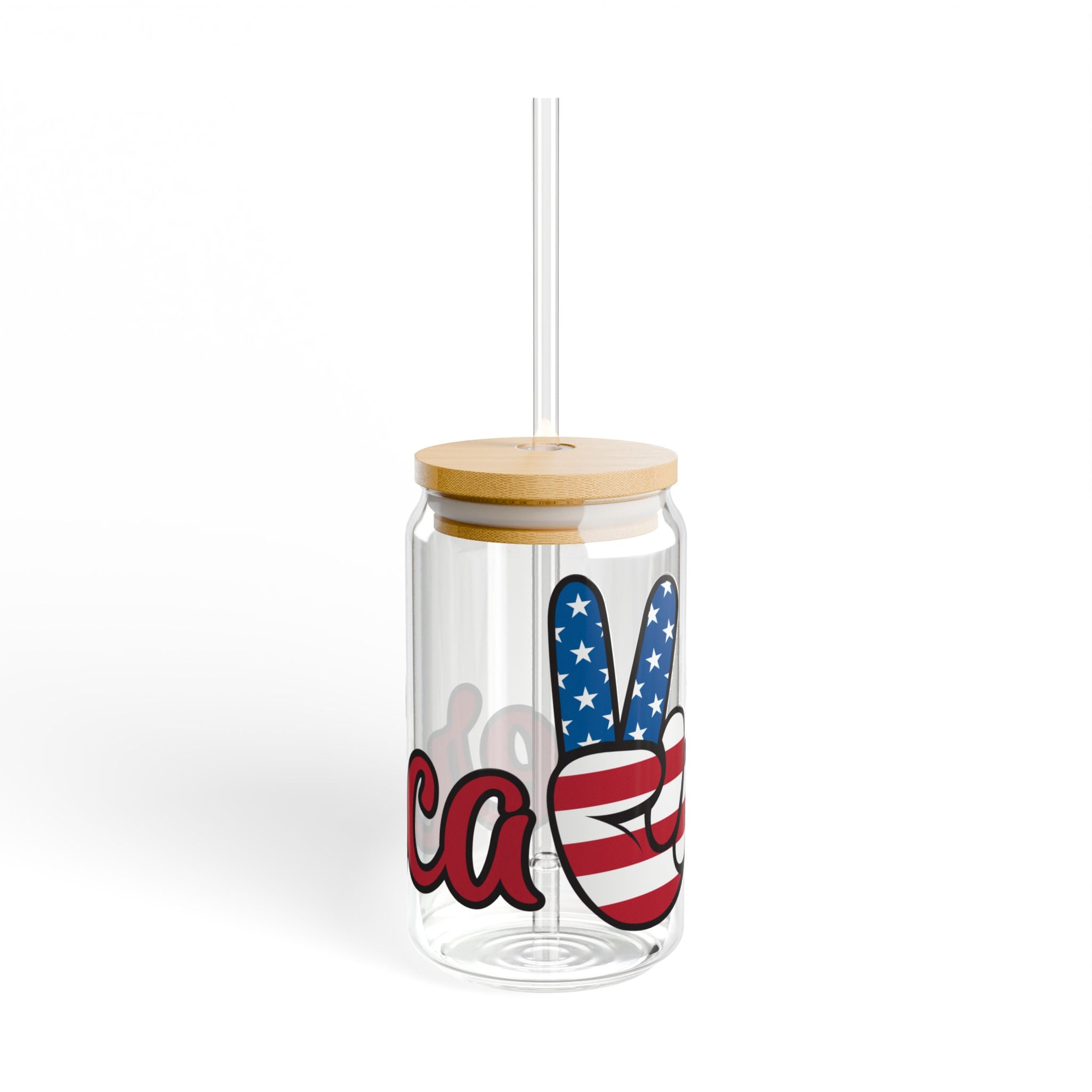 Patriotic Peace Sign Glass Can with Straw & Bamboo Lid — 16oz Drink Jar
