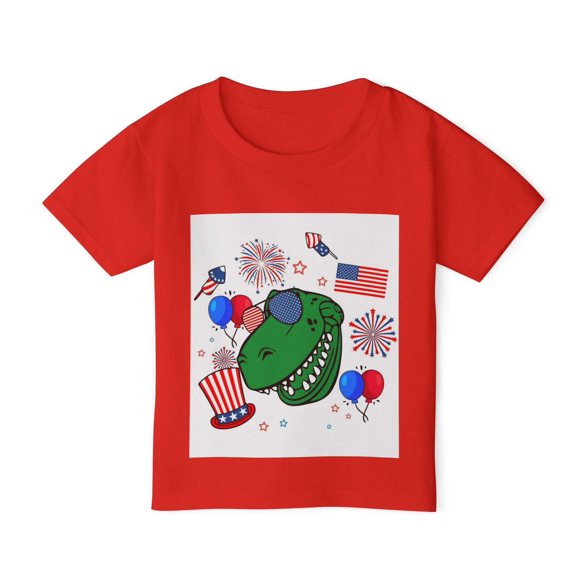 Toddler T-Shirt — Patriotic Dinosaur 4th of July Tee with Flags, Fireworks & Balloons
