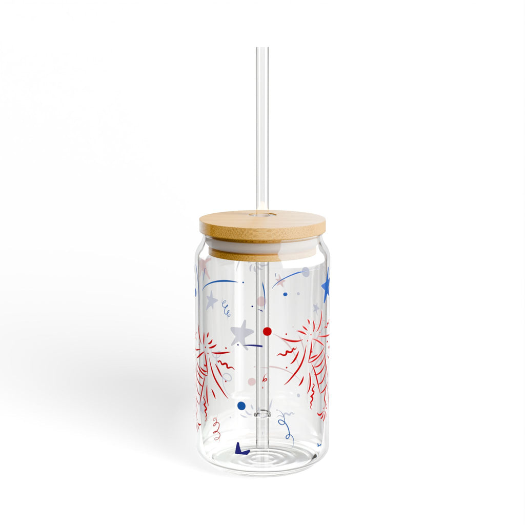 Patriotic Fireworks Glass Can with Straw & Bamboo Lid — 16oz Summer Drink Tumbler