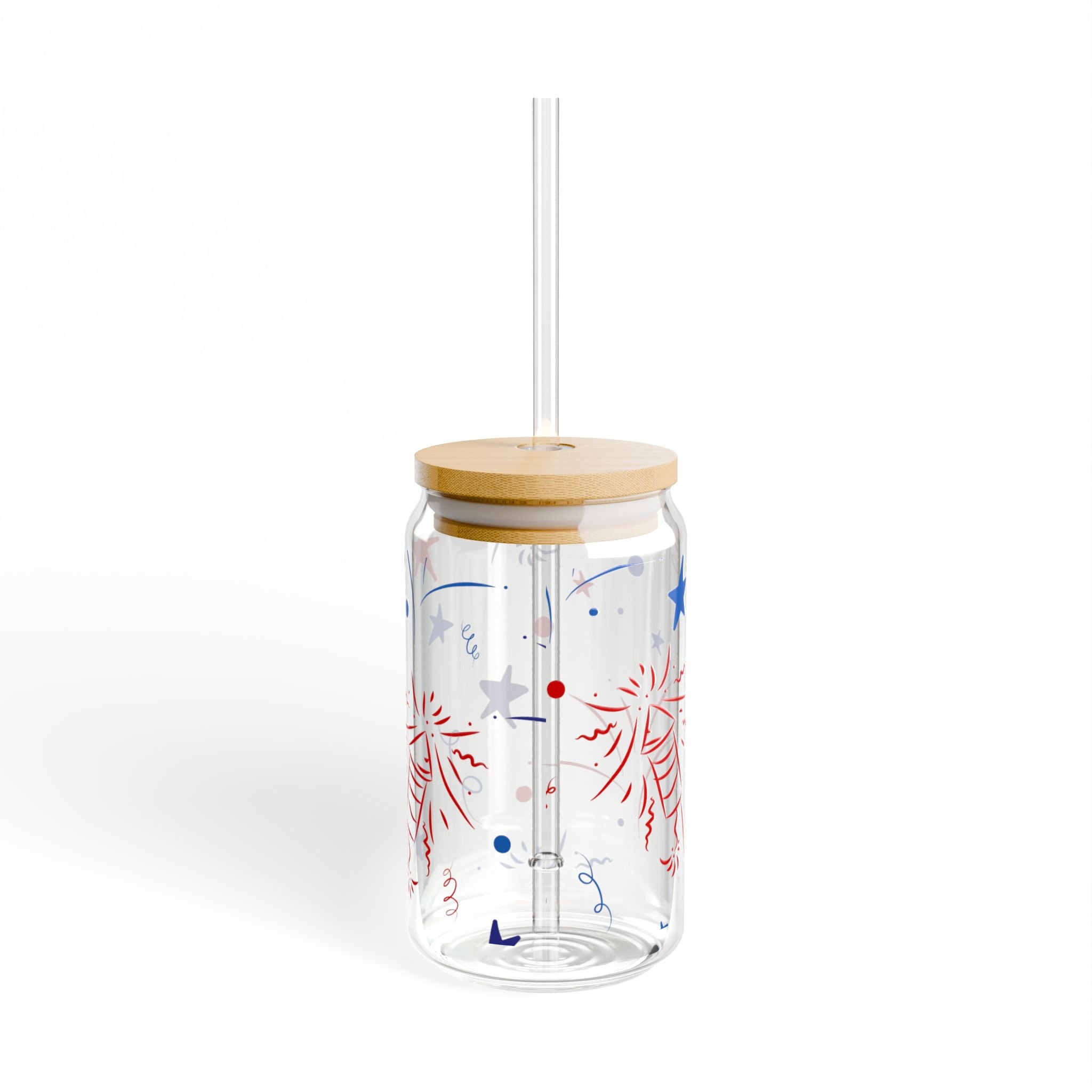 Patriotic Fireworks Glass Can with Straw & Bamboo Lid — 16oz Summer Drink Tumbler