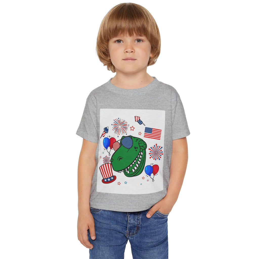 Toddler T-Shirt — Patriotic Dinosaur 4th of July Tee with Flags, Fireworks & Balloons