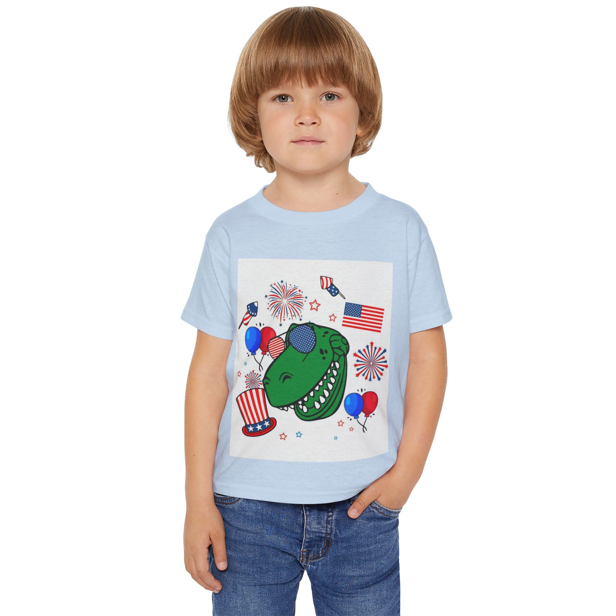 Toddler T-Shirt — Patriotic Dinosaur 4th of July Tee with Flags, Fireworks & Balloons