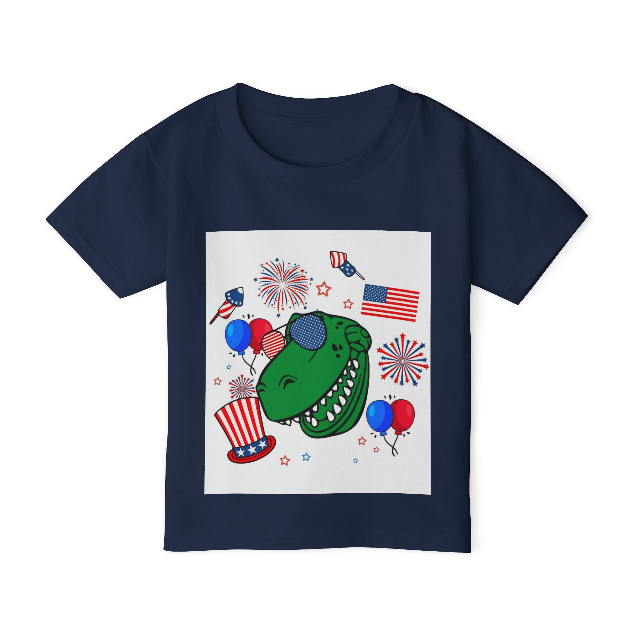 Toddler T-Shirt — Patriotic Dinosaur 4th of July Tee with Flags, Fireworks & Balloons