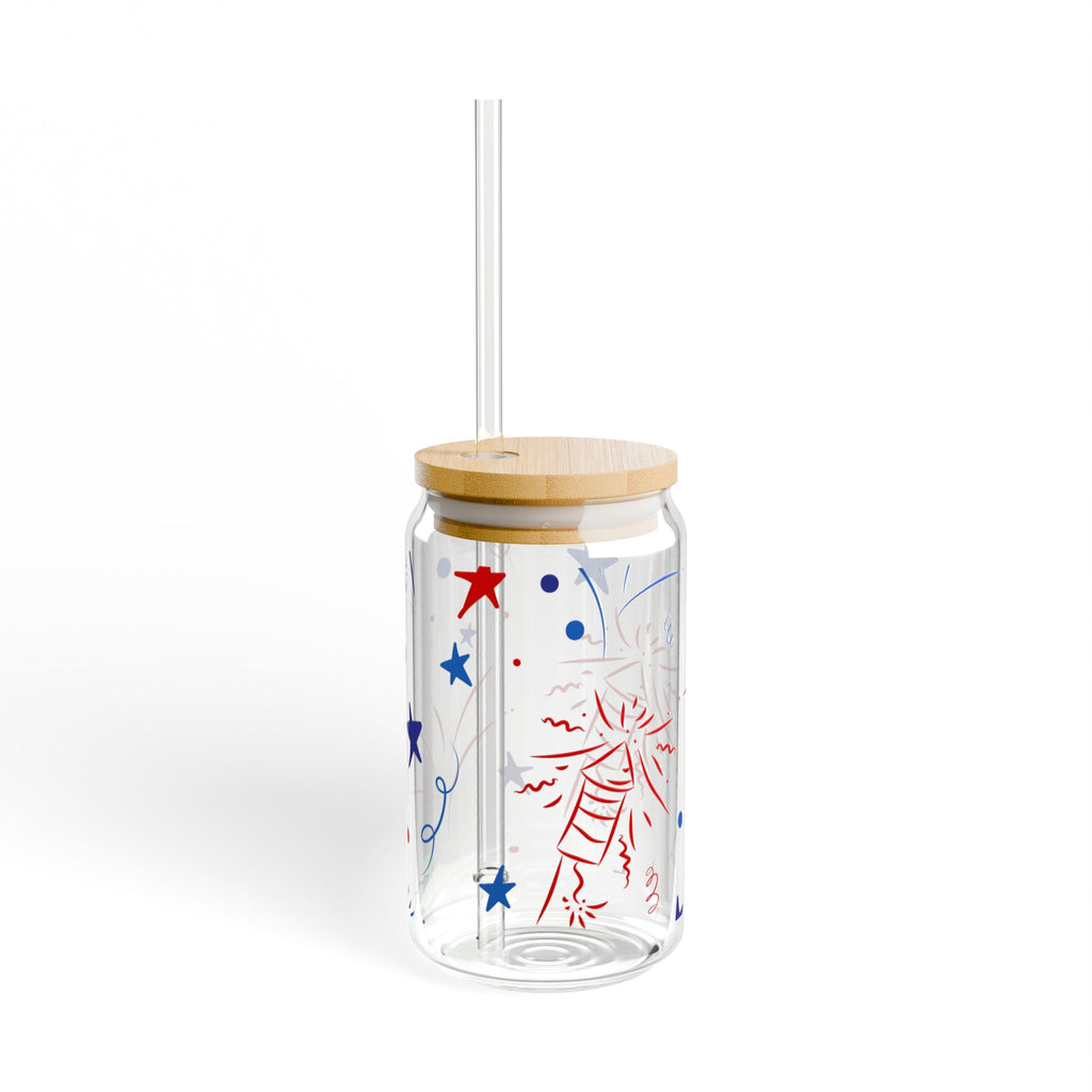 Patriotic Fireworks Glass Can with Straw & Bamboo Lid — 16oz Summer Drink Tumbler