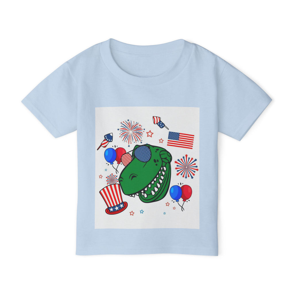 Toddler T-Shirt — Patriotic Dinosaur 4th of July Tee with Flags, Fireworks & Balloons